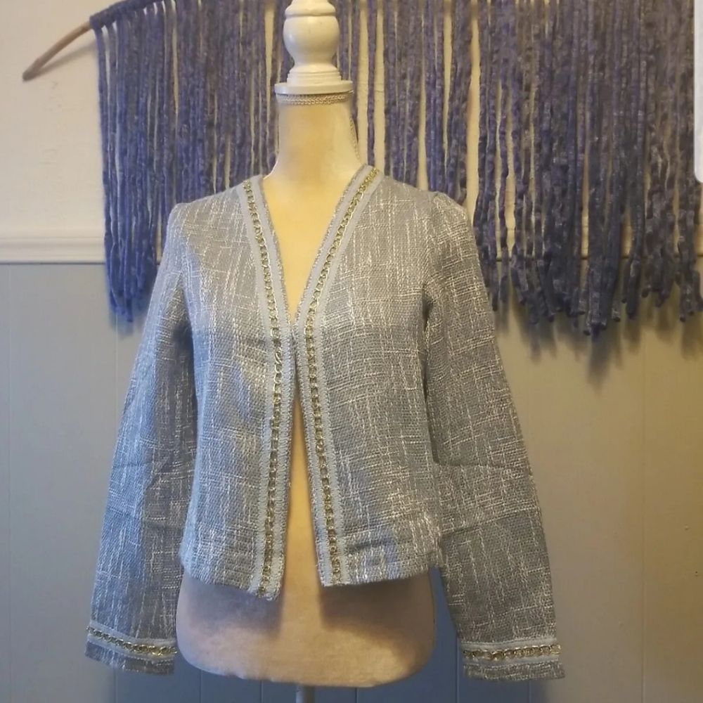 Level 8 Light Blue White Tweed Crop Collarless Blazer Goldtone Metal Trim NWOT S